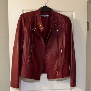 ANTONIO MELANI Burgundy Leather Moto Jacket with Gold Hardware